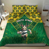 Green bedding set featuring South Africa text, yellow geometric border, and antelope character.
