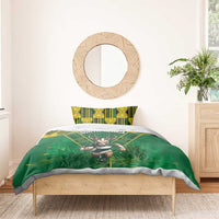Green bedding set with South Africa text, yellow geometric pillow, and antelope artwork.