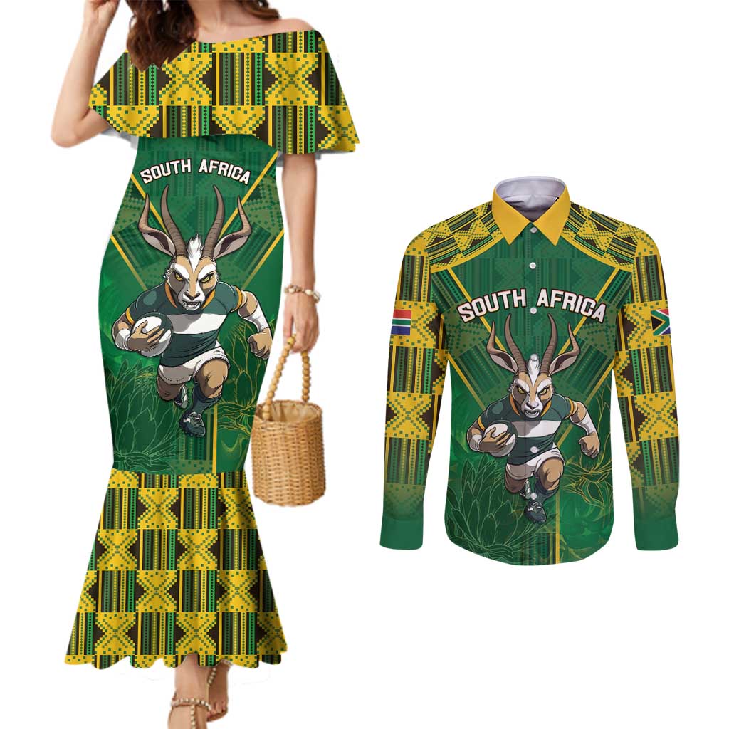 Custom South Africa Rugby 2024 Couples Matching Mermaid Dress and Long Sleeve Button Shirt Go Bokke African Pattern