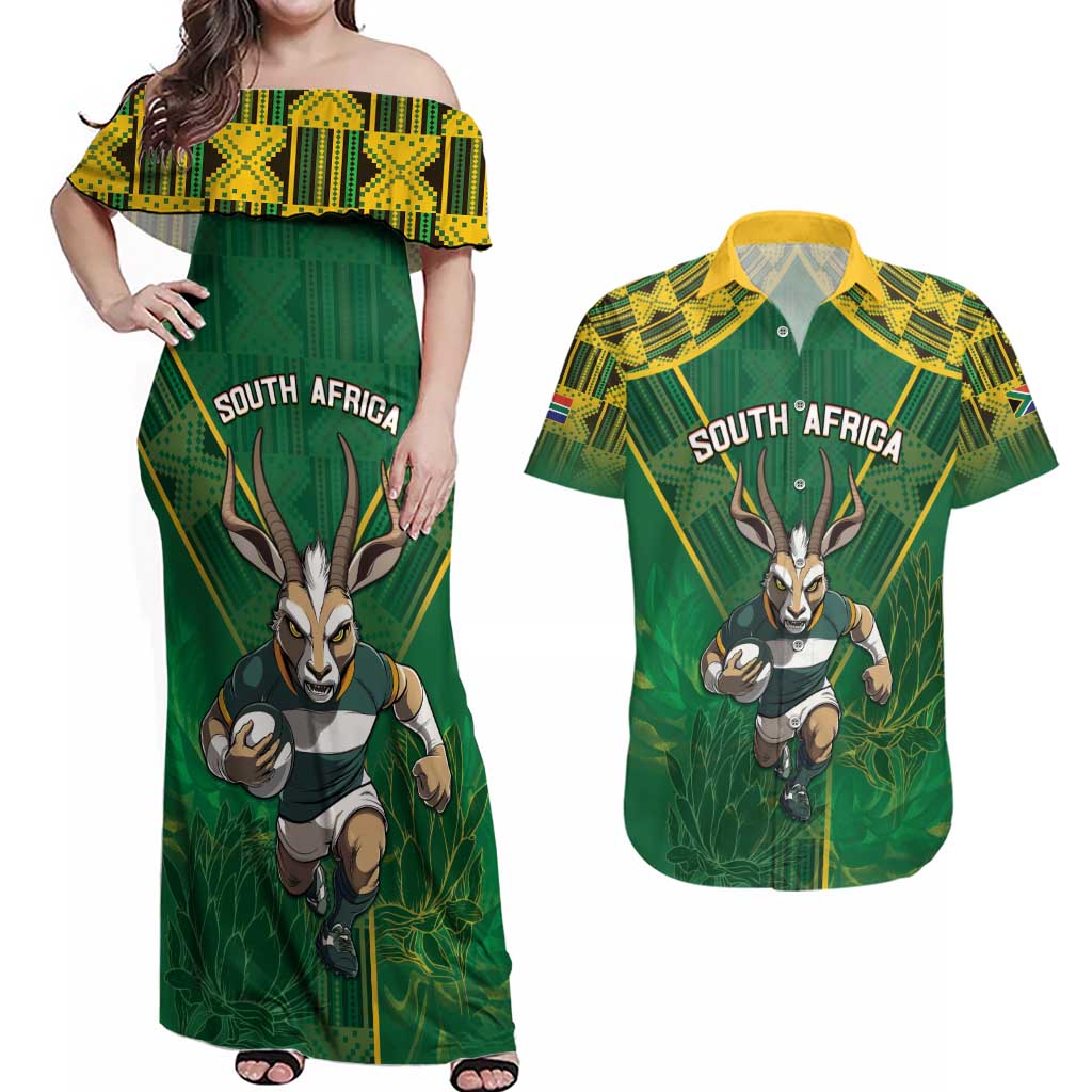 Custom South Africa Rugby 2024 Couples Matching Off Shoulder Maxi Dress and Hawaiian Shirt Go Bokke African Pattern LT05 - Wonder Print Shop