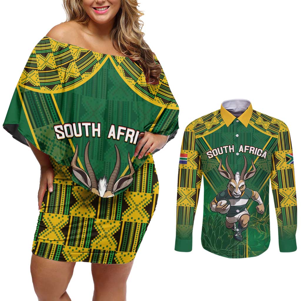 Custom South Africa Rugby 2024 Couples Matching Off Shoulder Short Dress and Long Sleeve Button Shirt Go Bokke African Pattern LT05 - Wonder Print Shop