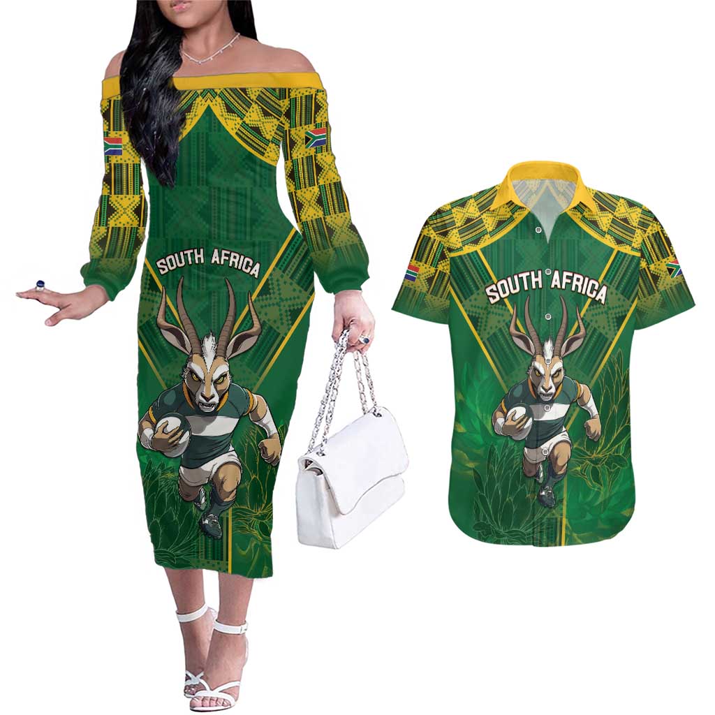 Custom South Africa Rugby 2024 Couples Matching Off The Shoulder Long Sleeve Dress and Hawaiian Shirt Go Bokke African Pattern LT05 - Wonder Print Shop