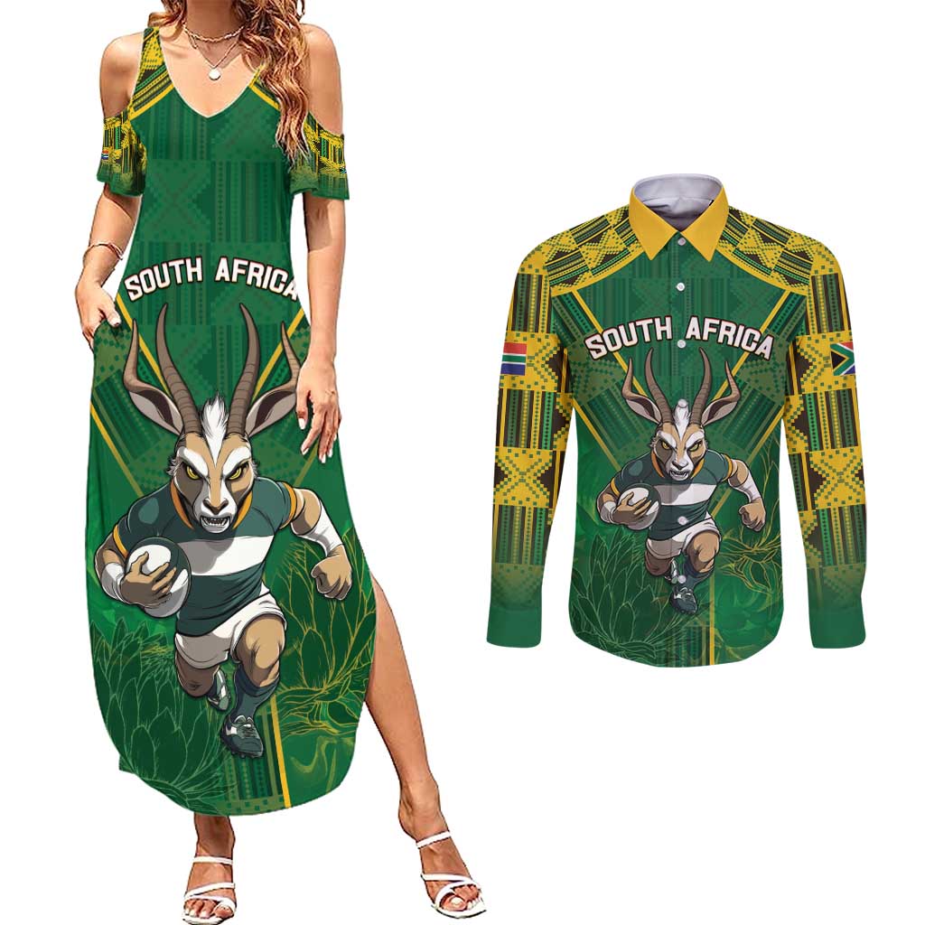 Custom South Africa Rugby 2024 Couples Matching Summer Maxi Dress and Long Sleeve Button Shirt Go Bokke African Pattern LT05 - Wonder Print Shop