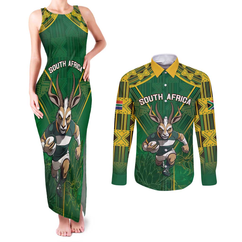 Custom South Africa Rugby 2024 Couples Matching Tank Maxi Dress and Long Sleeve Button Shirt Go Bokke African Pattern LT05 - Wonder Print Shop