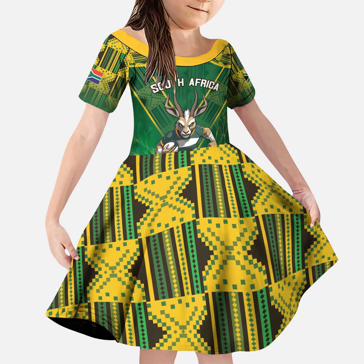 Custom South Africa Rugby 2024 Kid Short Sleeve Dress Go Bokke African Pattern LT05 - Wonder Print Shop