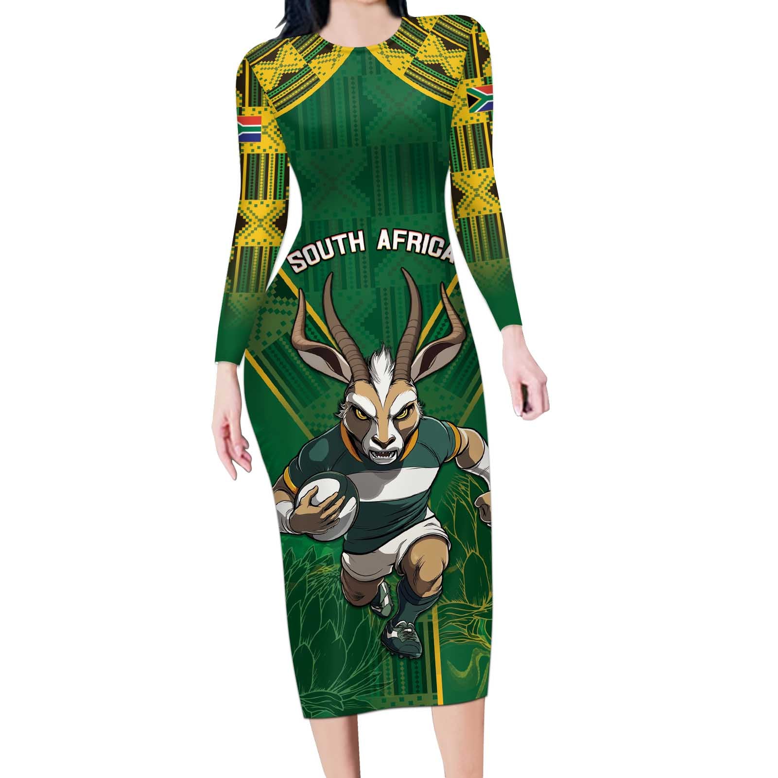 Custom South Africa Rugby 2024 Long Sleeve Bodycon Dress Go Bokke African Pattern LT05 - Wonder Print Shop