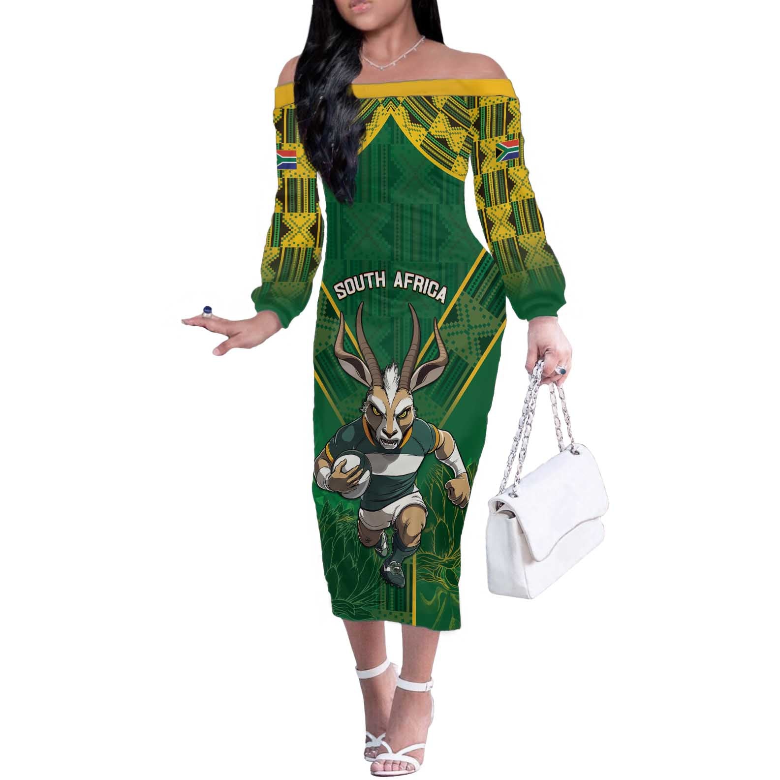 Custom South Africa Rugby 2024 Off The Shoulder Long Sleeve Dress Go Bokke African Pattern LT05 - Wonder Print Shop