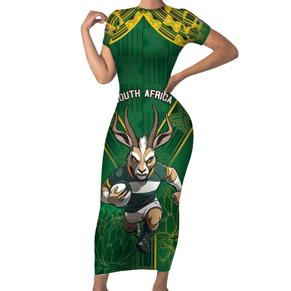 Custom South Africa Rugby 2024 Short Sleeve Bodycon Dress Go Bokke African Pattern LT05 - Wonder Print Shop