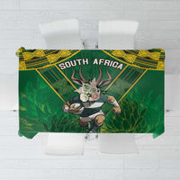 Green South Africa rugby tablecloth with yellow border and Bokke crest graphic