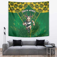 South Africa rugby tapestry with green and yellow pattern, antelope mascot and central text