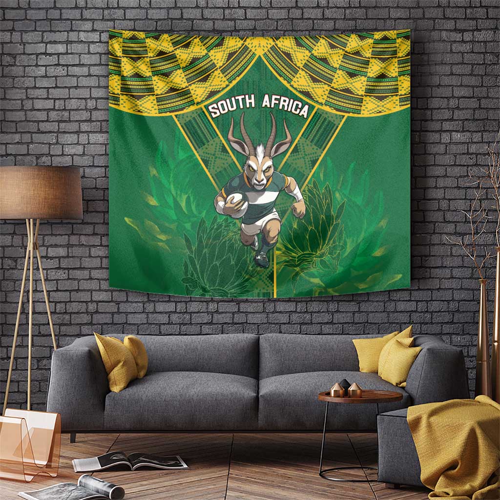 South Africa rugby wall tapestry, green fabric with yellow tribal border and antelope runner