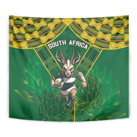 South Africa rugby tapestry close-up, green and yellow border, central antelope mascot graphic