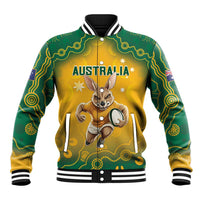 Yellow and green baseball jacket with kangaroo graphic, Australia text, striped ribbed trim.