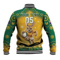 Yellow and green baseball jacket with kangaroo graphic on back, YOUR TEXT and 05, striped hem.