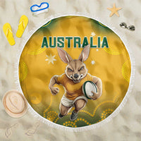Yellow round beach blanket with white fringe, Australia text and running kangaroo print
