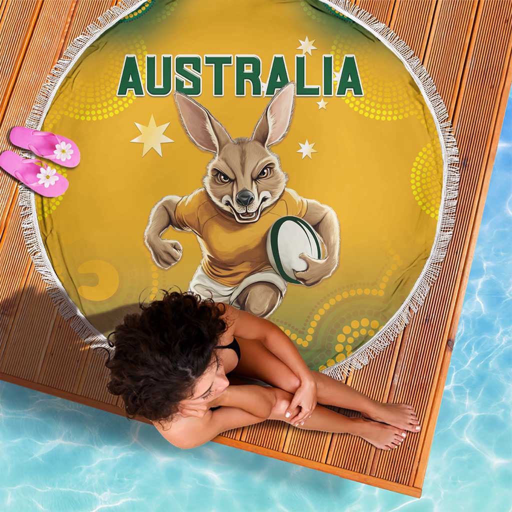 Yellow round beach blanket with white fringe, Australia text and running kangaroo, seen flat