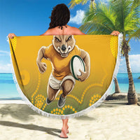 Yellow round beach blanket held open, white fringe, Australia text with kangaroo artwork