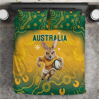 Australia rugby bedding set top view: yellow duvet with “AUSTRALIA” text, kangaroo, green pattern trim