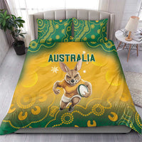 Australia bedding set with yellow duvet, green Aboriginal pattern border, and kangaroo holding ball