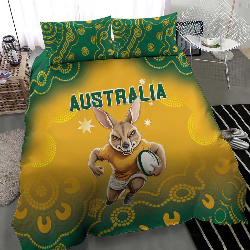 Australia rugby bedding set with green border and yellow kangaroo design, “AUSTRALIA” text