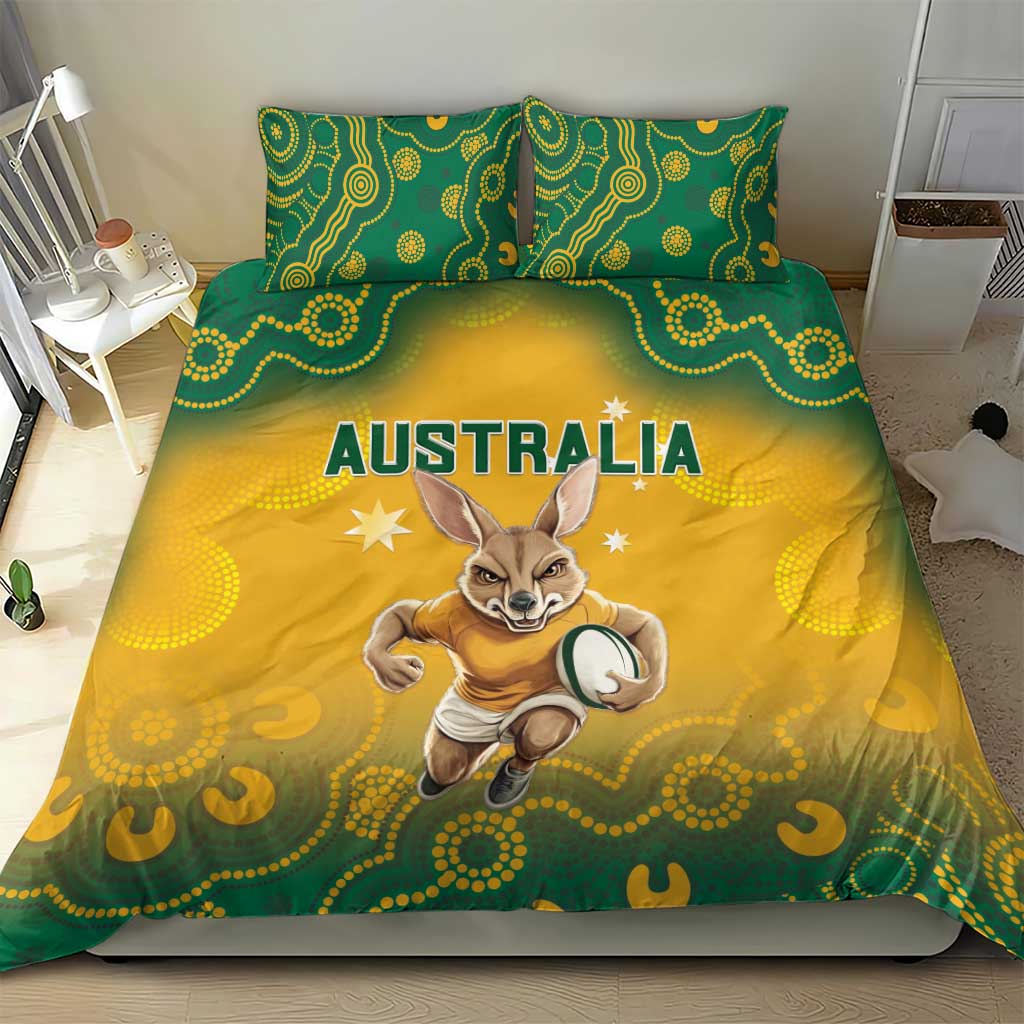 Australia rugby bedding set showing yellow duvet with “AUSTRALIA” and kangaroo mascot, green patterns