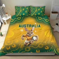 Australia rugby bedding set showing yellow duvet with “AUSTRALIA” and kangaroo mascot, green patterns