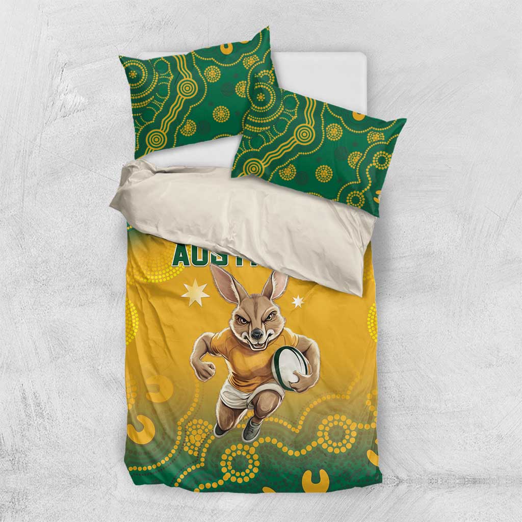 Australia rugby bedding set with yellow duvet, kangaroo graphic, and green Aboriginal pattern pillowcases