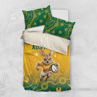 Australia rugby bedding set with yellow duvet, kangaroo graphic, and green Aboriginal pattern pillowcases