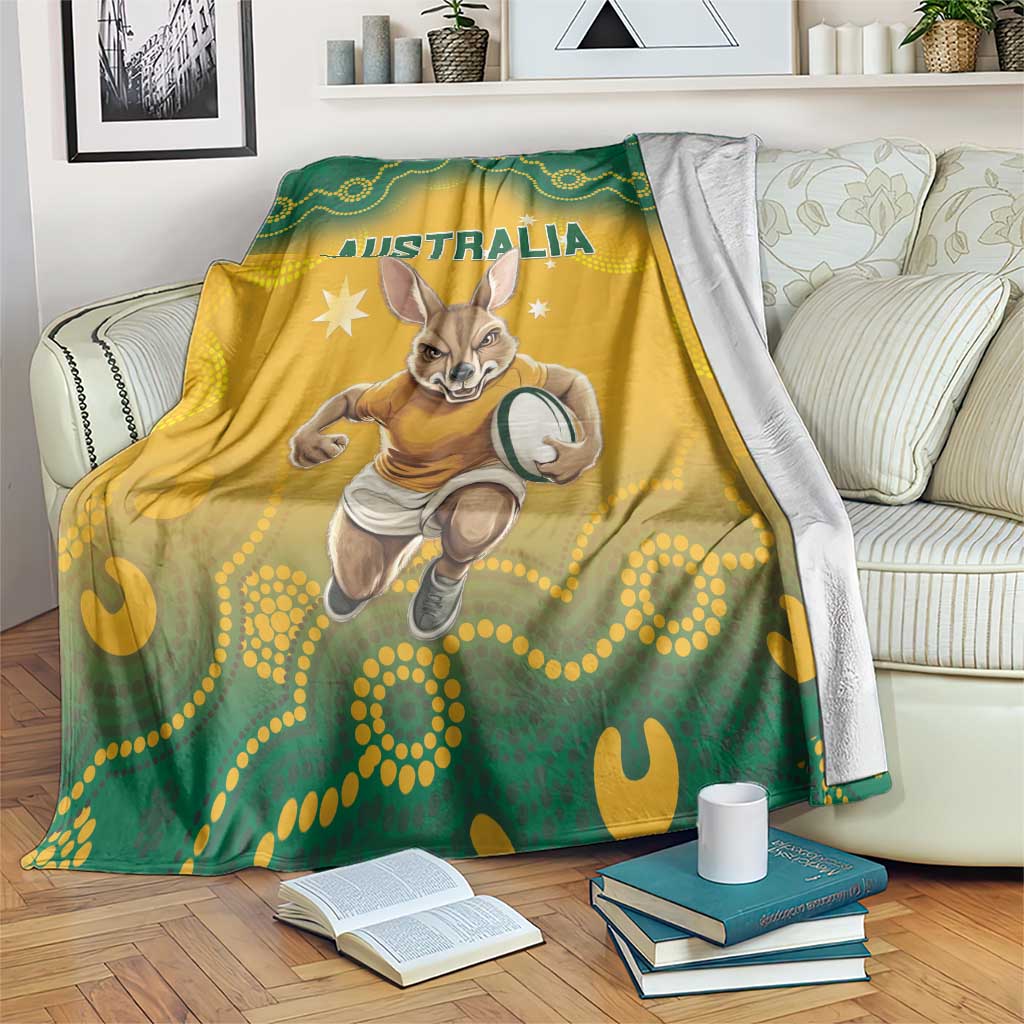 Australia rugby blanket spread on couch, Wallaby with rugby ball and Aboriginal dot shapes