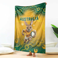 Australia rugby blanket hanging, Wallaby holding rugby ball, yellow-green Aboriginal pattern