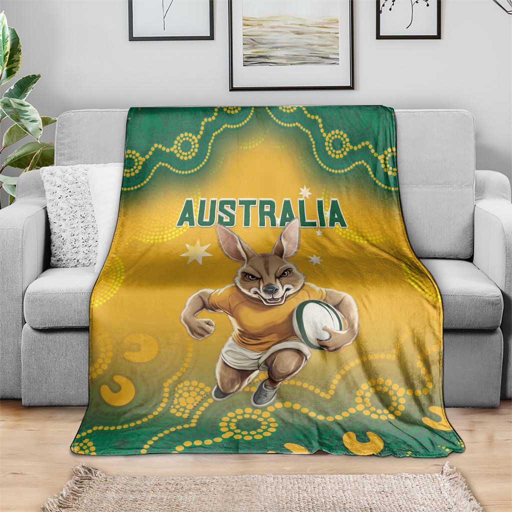 Australia rugby blanket with Wallaby holding rugby ball, yellow-green Aboriginal dot pattern