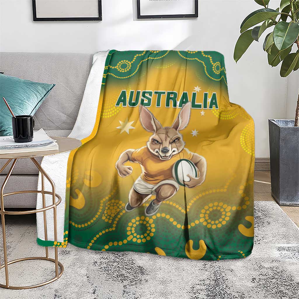 Australia rugby blanket on chair, Wallaby and rugby ball, Australia text on yellow-green