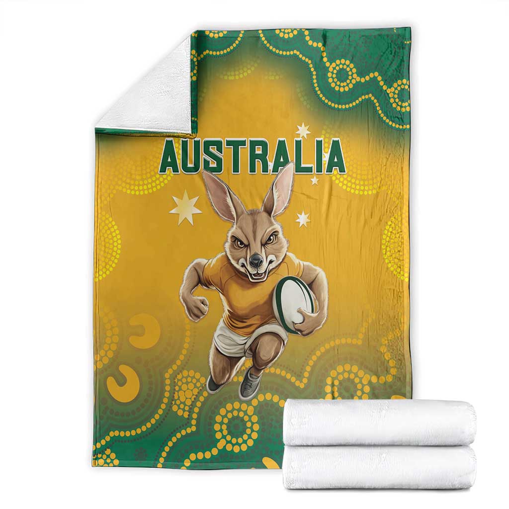 Australia rugby blanket with Wallaby graphic, Australia wordmark, yellow and green border