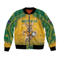 Yellow and green bomber jacket with kangaroo graphic, Australia text, full zip front.