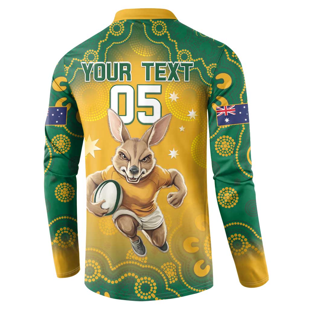 Yellow and green kangaroo print button sweatshirt, back text YOUR TEXT and 05