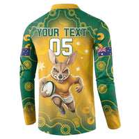 Yellow and green kangaroo print button sweatshirt, back text YOUR TEXT and 05