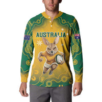 Green and yellow button sweatshirt with AUSTRALIA kangaroo graphic and flag sleeve patch