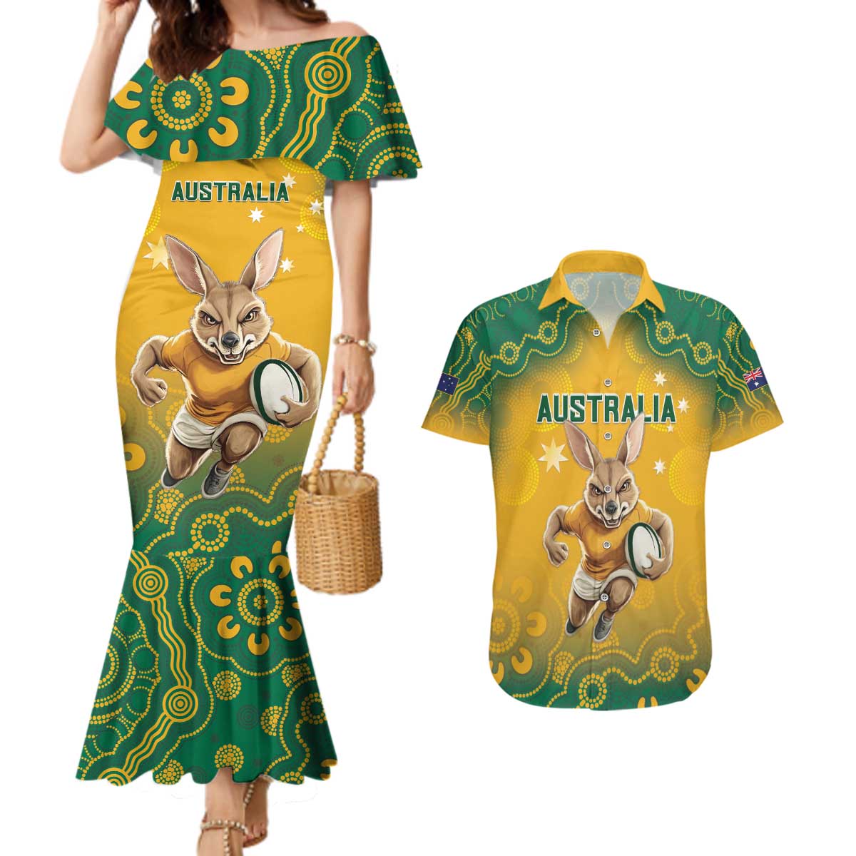 Custom Australia Rugby 2024 Couples Matching Mermaid Dress and Hawaiian Shirt Go Wallabies Aboriginal Pattern LT05 - Wonder Print Shop