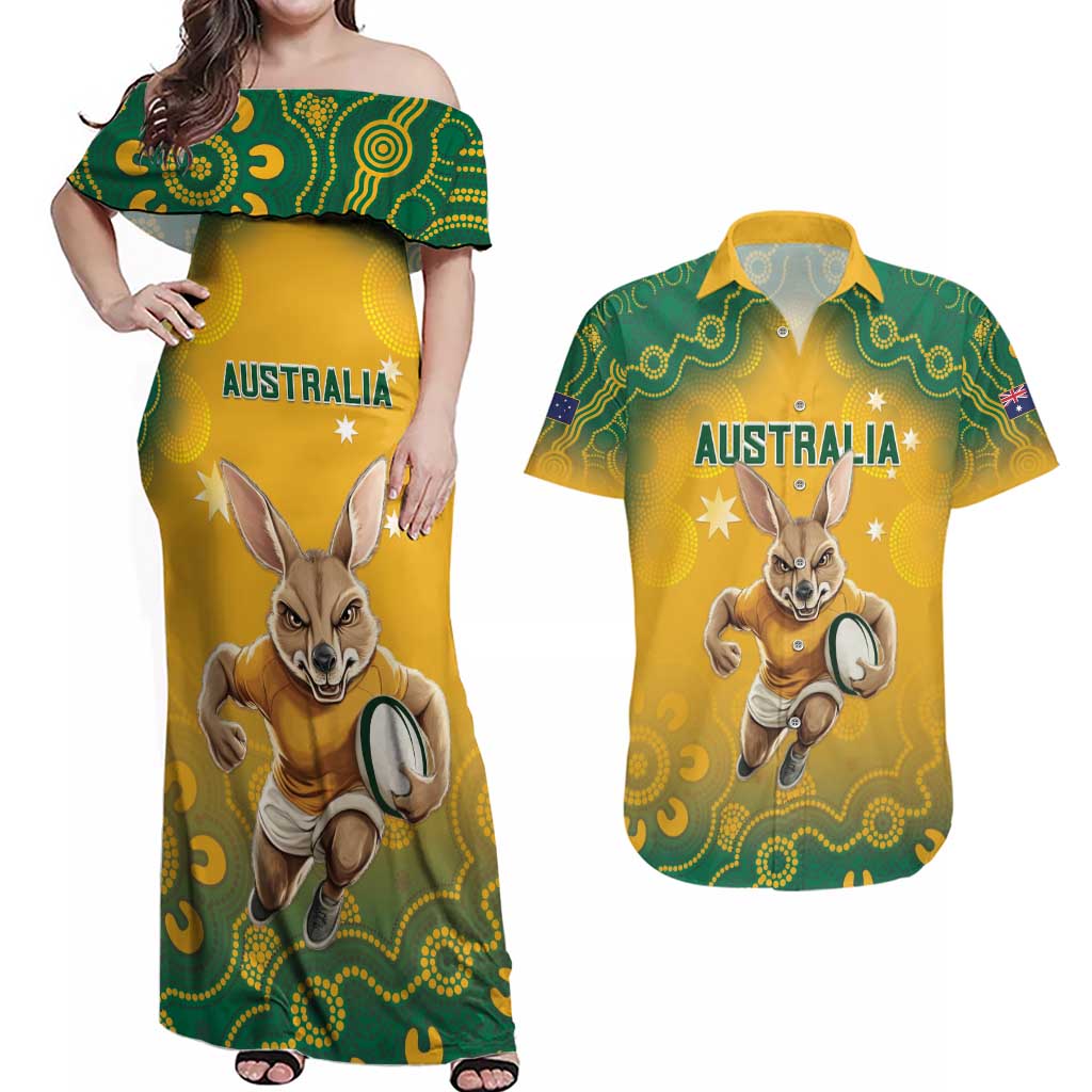 Custom Australia Rugby 2024 Couples Matching Off Shoulder Maxi Dress and Hawaiian Shirt Go Wallabies Aboriginal Pattern LT05 - Wonder Print Shop