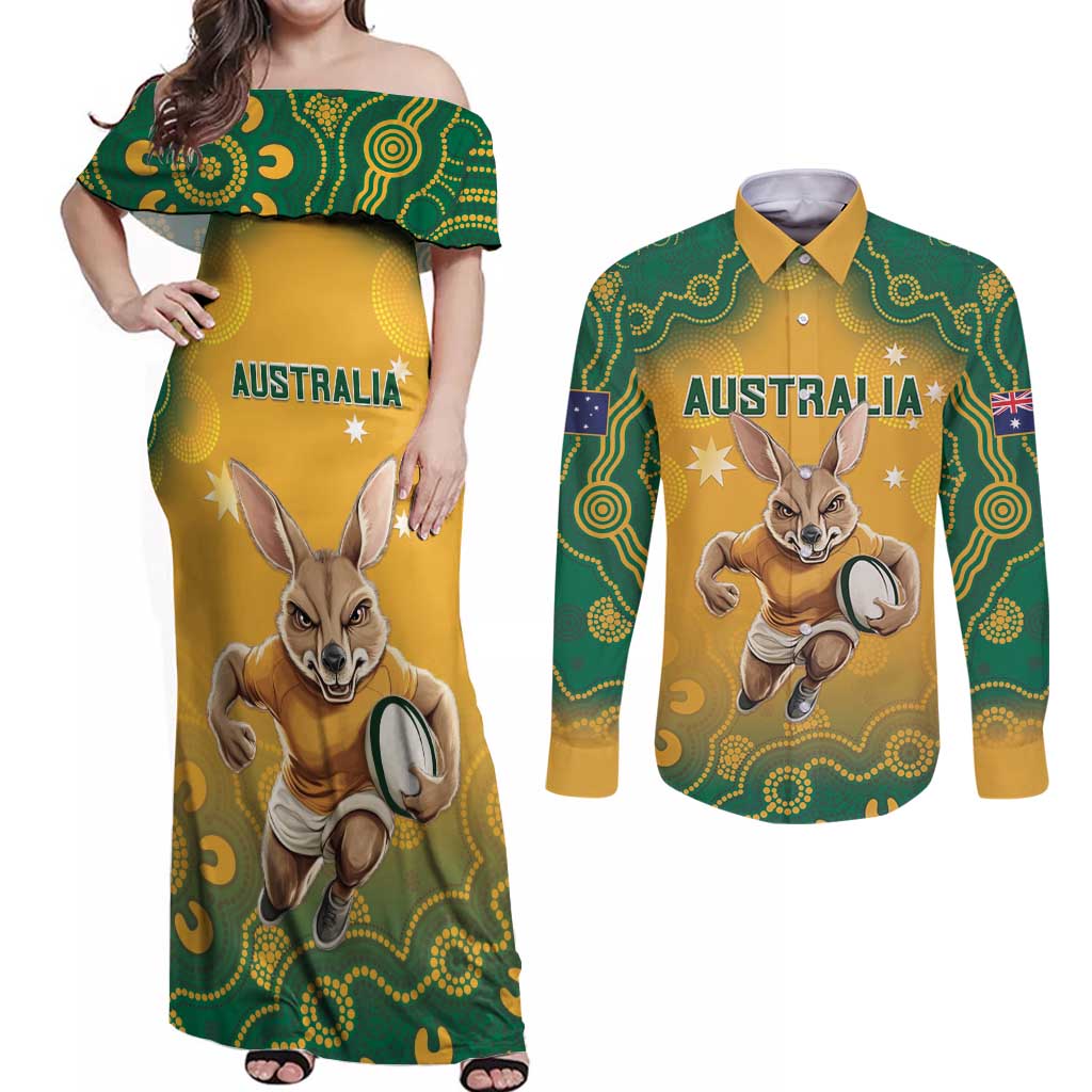 Custom Australia Rugby 2024 Couples Matching Off Shoulder Maxi Dress and Long Sleeve Button Shirt Go Wallabies Aboriginal Pattern LT05 - Wonder Print Shop