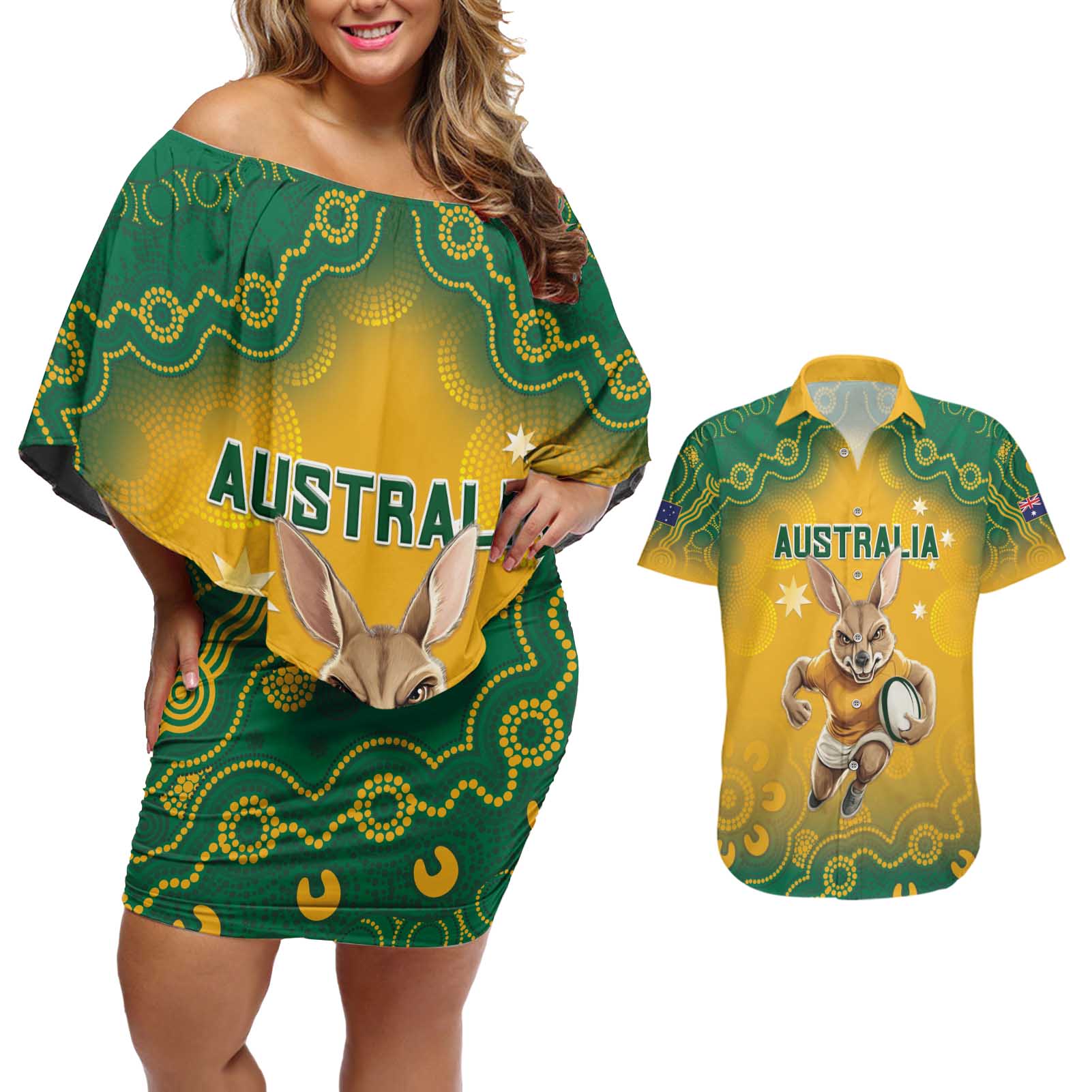 Custom Australia Rugby 2024 Couples Matching Off Shoulder Short Dress and Hawaiian Shirt Go Wallabies Aboriginal Pattern LT05 - Wonder Print Shop