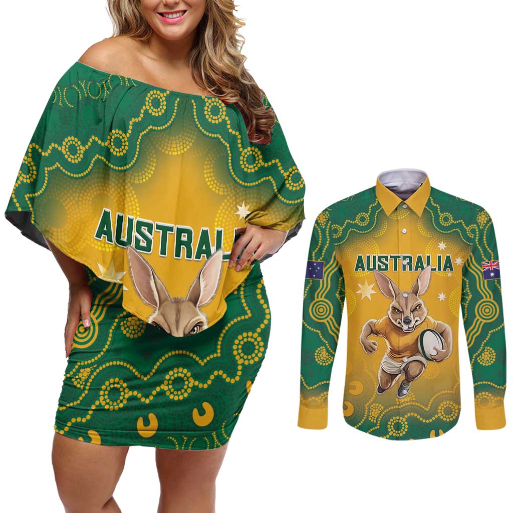 Custom Australia Rugby 2024 Couples Matching Off Shoulder Short Dress and Long Sleeve Button Shirt Go Wallabies Aboriginal Pattern LT05 - Wonder Print Shop