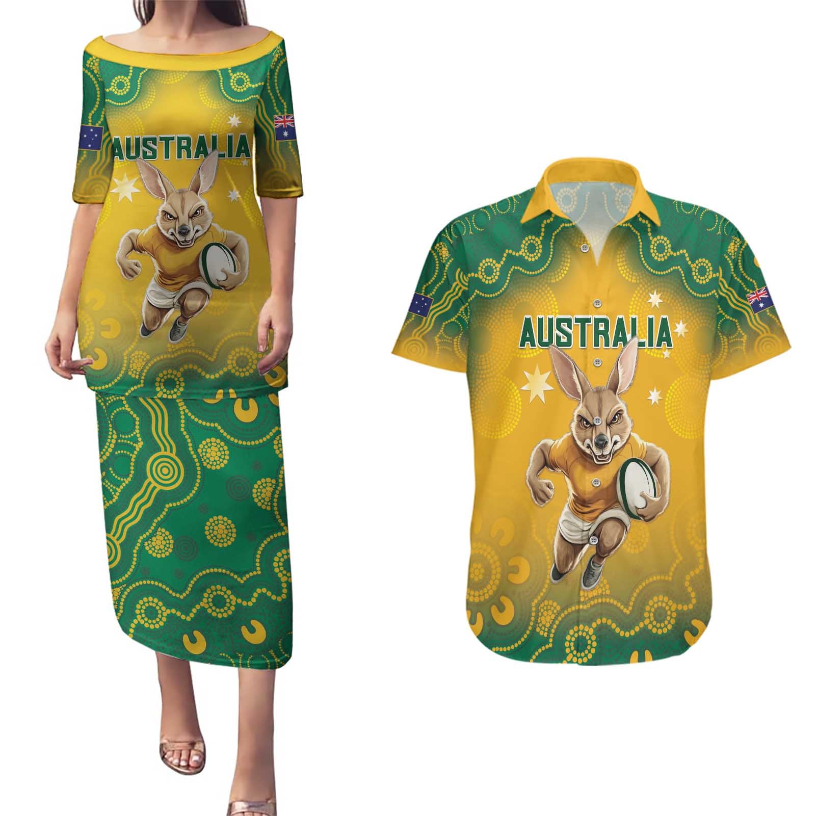 Custom Australia Rugby 2024 Couples Matching Puletasi and Hawaiian Shirt Go Wallabies Aboriginal Pattern LT05 - Wonder Print Shop