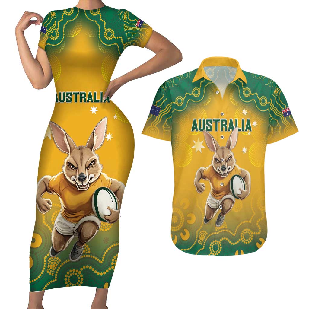 Custom Australia Rugby 2024 Couples Matching Short Sleeve Bodycon Dress and Hawaiian Shirt Go Wallabies Aboriginal Pattern LT05 - Wonder Print Shop