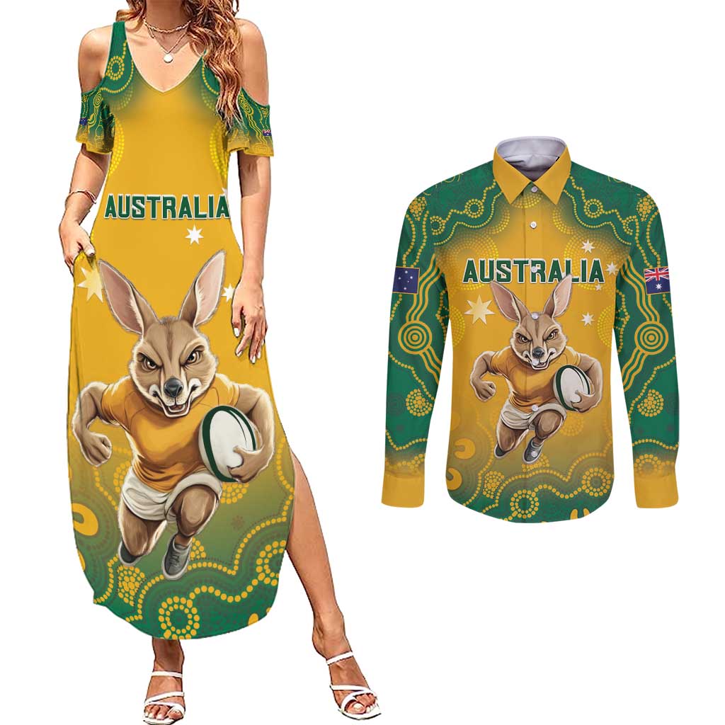 Custom Australia Rugby 2024 Couples Matching Summer Maxi Dress and Long Sleeve Button Shirt Go Wallabies Aboriginal Pattern LT05 - Wonder Print Shop