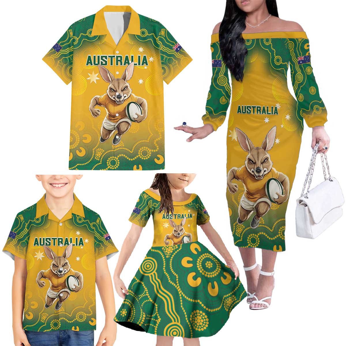 Custom Australia Rugby 2024 Family Matching Off The Shoulder Long Sleeve Dress and Hawaiian Shirt Go Wallabies Aboriginal Pattern LT05 - Wonder Print Shop