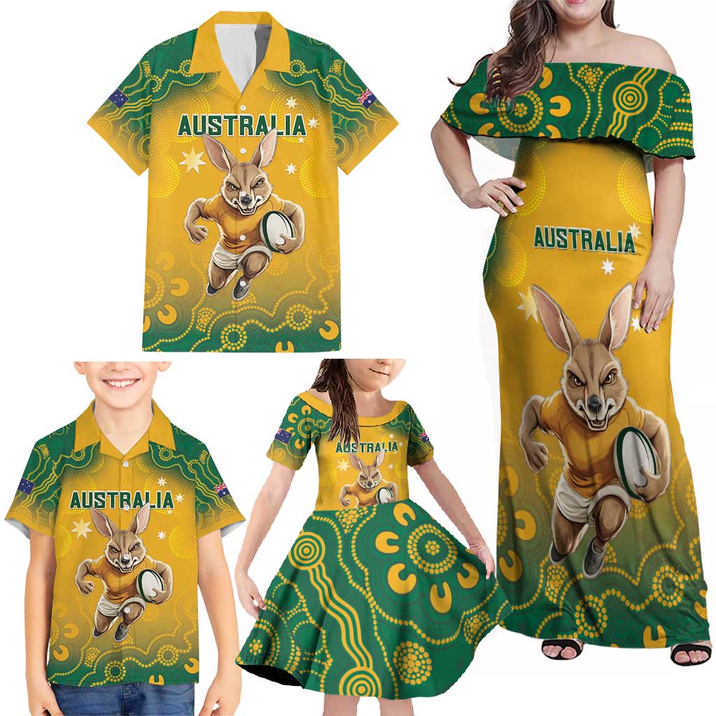 Custom Australia Rugby 2024 Family Matching Off Shoulder Maxi Dress and Hawaiian Shirt Go Wallabies Aboriginal Pattern LT05 - Wonder Print Shop