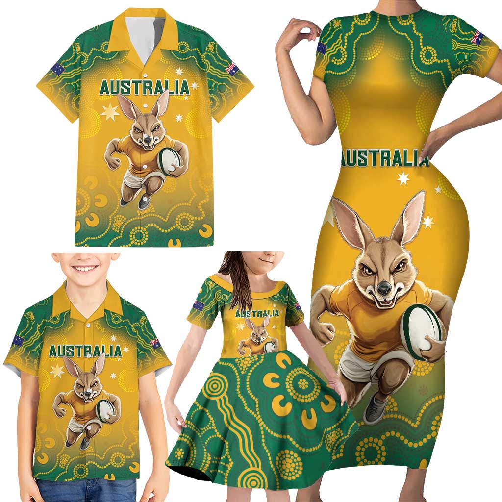 Custom Australia Rugby 2024 Family Matching Short Sleeve Bodycon Dress and Hawaiian Shirt Go Wallabies Aboriginal Pattern LT05 - Wonder Print Shop