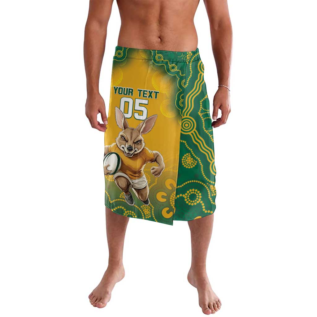 Men's yellow and green lavalava with Aboriginal-style circles, kangaroo graphic and 05