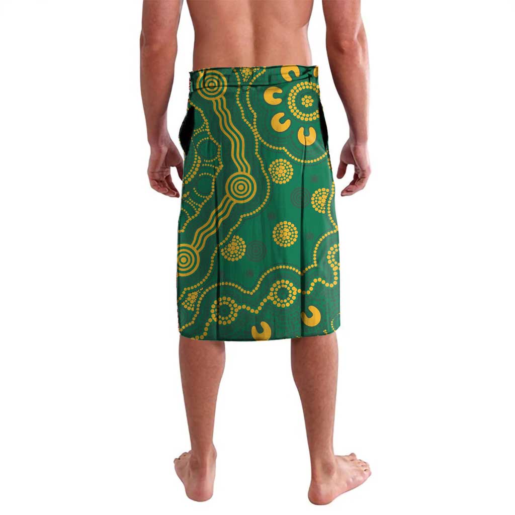 Men's green lavalava with Aboriginal-style circular dot and line pattern